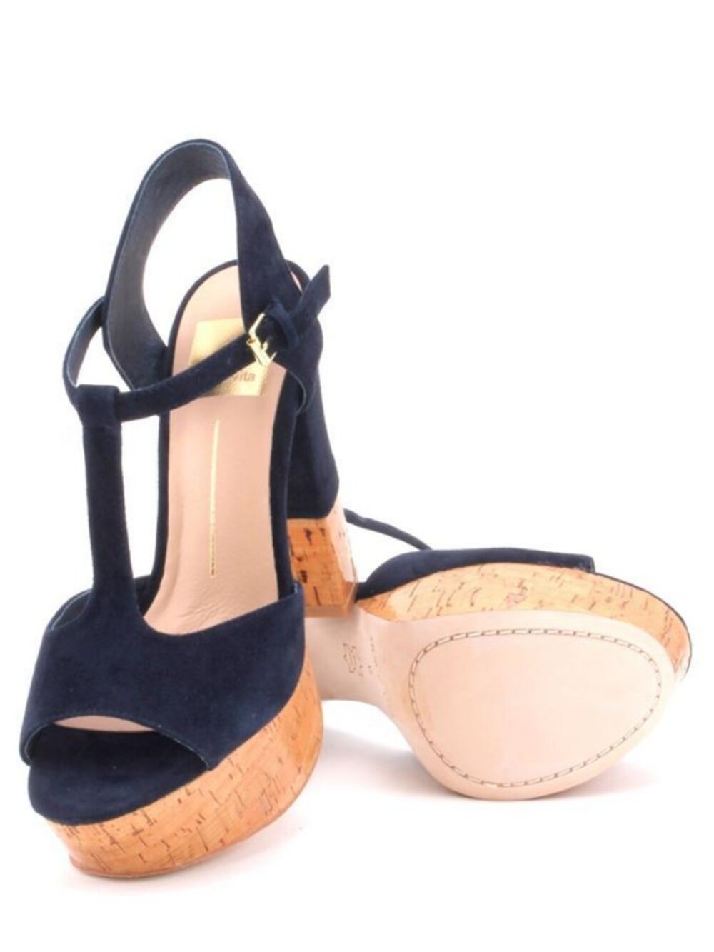 Dolce Vita Baxter Navy Suede T-Strap Platform Sandal Cork Heel